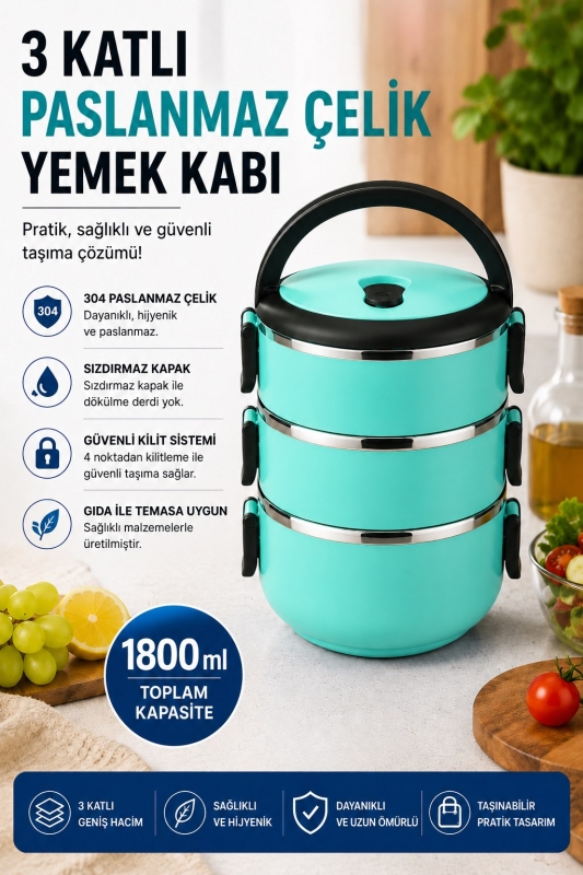 SAS HAUS 3 Katlı Paslanmaz Çelik Yemek Kabı 1800 ML Sızdırmaz Kapaklı Taşınabilir Lunch Box - 9