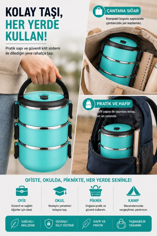 SAS HAUS 3 Katlı Paslanmaz Çelik Yemek Kabı 1800 ML Sızdırmaz Kapaklı Taşınabilir Lunch Box - 10