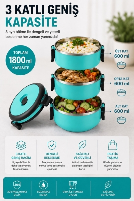 SAS HAUS 3 Katlı Paslanmaz Çelik Yemek Kabı 1800 ML Sızdırmaz Kapaklı Taşınabilir Lunch Box - 11