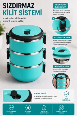 SAS HAUS 3 Katlı Paslanmaz Çelik Yemek Kabı 1800 ML Sızdırmaz Kapaklı Taşınabilir Lunch Box - 12