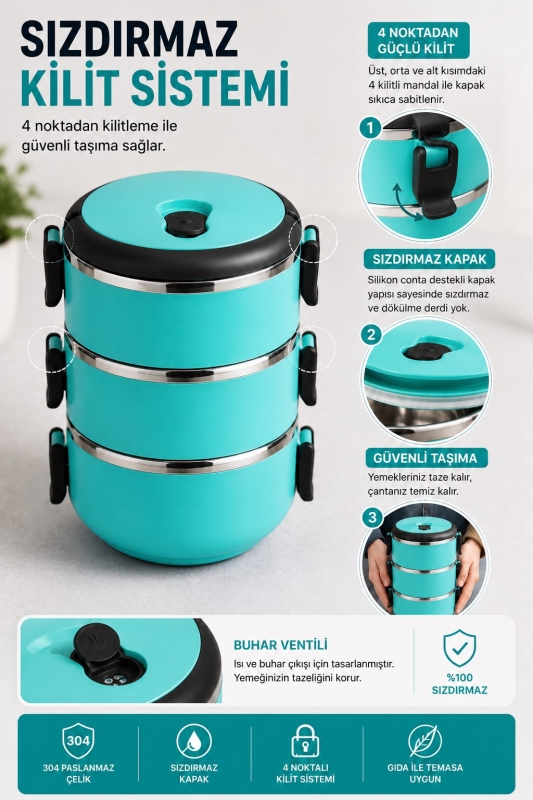 SAS HAUS 3 Katlı Paslanmaz Çelik Yemek Kabı 1800 ML Sızdırmaz Kapaklı Taşınabilir Lunch Box - 12