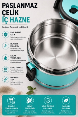 SAS HAUS 3 Katlı Paslanmaz Çelik Yemek Kabı 1800 ML Sızdırmaz Kapaklı Taşınabilir Lunch Box - 13