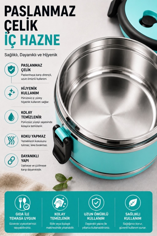 SAS HAUS 3 Katlı Paslanmaz Çelik Yemek Kabı 1800 ML Sızdırmaz Kapaklı Taşınabilir Lunch Box - 13