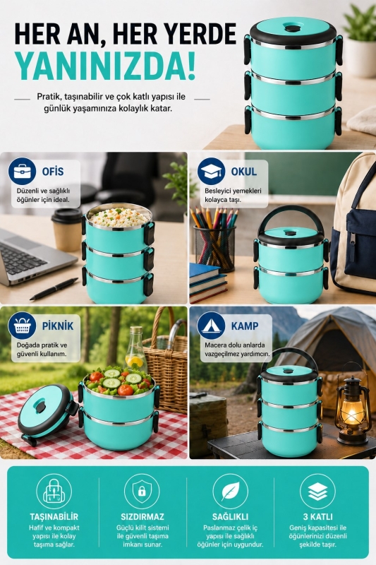 SAS HAUS 3 Katlı Paslanmaz Çelik Yemek Kabı 1800 ML Sızdırmaz Kapaklı Taşınabilir Lunch Box - 14