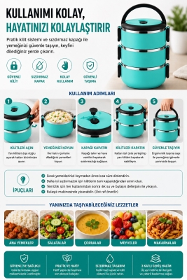 SAS HAUS 3 Katlı Paslanmaz Çelik Yemek Kabı 1800 ML Sızdırmaz Kapaklı Taşınabilir Lunch Box - 15