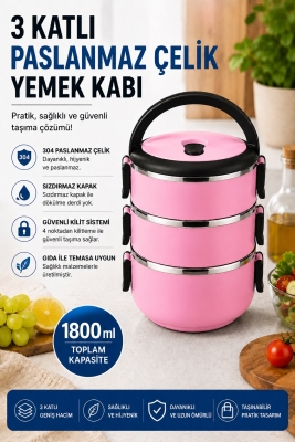 SAS HAUS 3 Katlı Paslanmaz Çelik Yemek Kabı 1800 ML Sızdırmaz Kapaklı Taşınabilir Lunch Box - 17