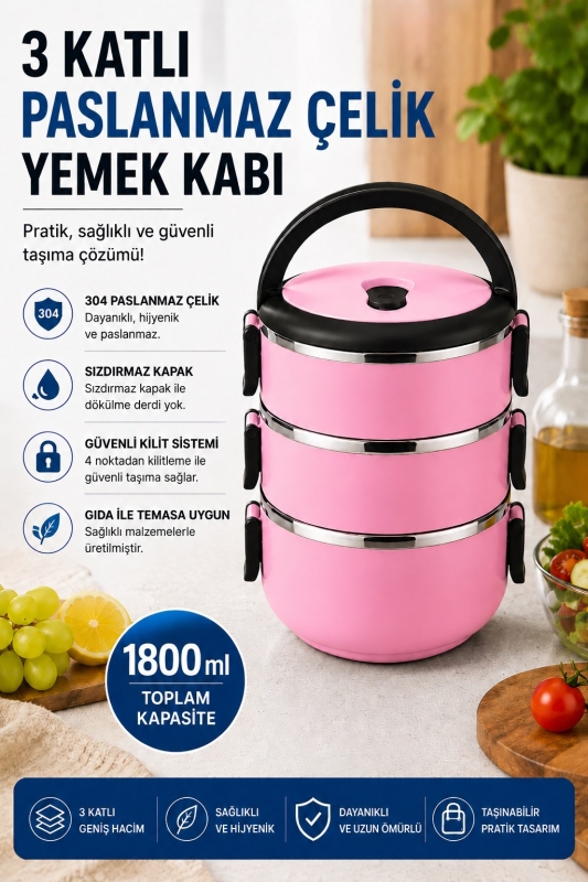SAS HAUS 3 Katlı Paslanmaz Çelik Yemek Kabı 1800 ML Sızdırmaz Kapaklı Taşınabilir Lunch Box - 17