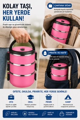 SAS HAUS 3 Katlı Paslanmaz Çelik Yemek Kabı 1800 ML Sızdırmaz Kapaklı Taşınabilir Lunch Box - 18
