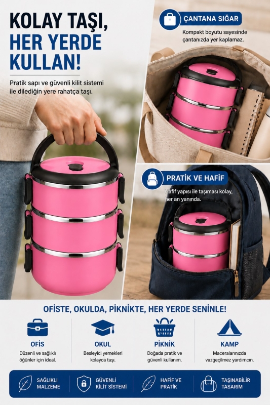 SAS HAUS 3 Katlı Paslanmaz Çelik Yemek Kabı 1800 ML Sızdırmaz Kapaklı Taşınabilir Lunch Box - 18