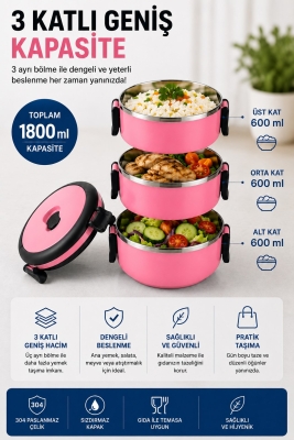 SAS HAUS 3 Katlı Paslanmaz Çelik Yemek Kabı 1800 ML Sızdırmaz Kapaklı Taşınabilir Lunch Box - 19