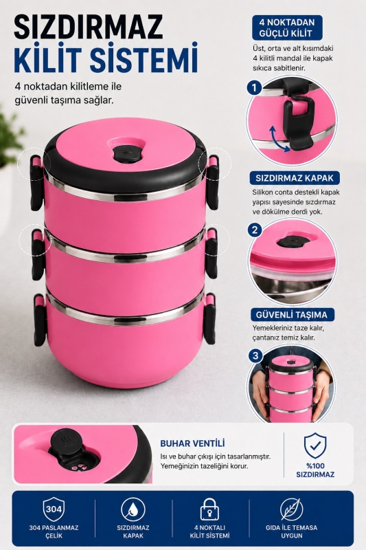 SAS HAUS 3 Katlı Paslanmaz Çelik Yemek Kabı 1800 ML Sızdırmaz Kapaklı Taşınabilir Lunch Box - 20