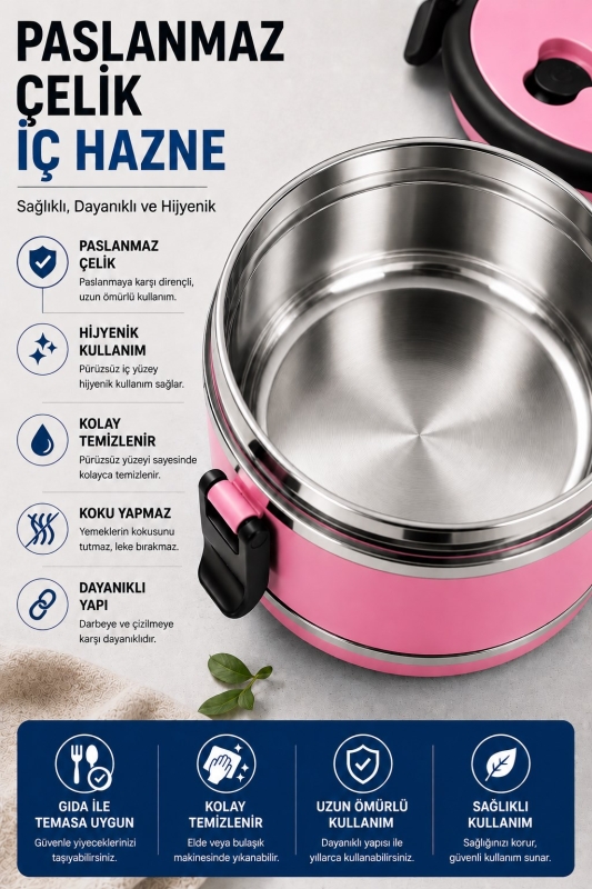 SAS HAUS 3 Katlı Paslanmaz Çelik Yemek Kabı 1800 ML Sızdırmaz Kapaklı Taşınabilir Lunch Box - 21