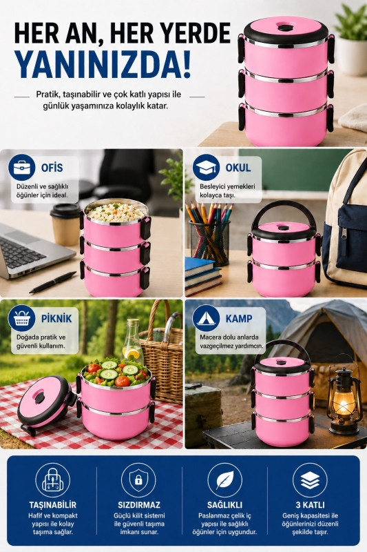 SAS HAUS 3 Katlı Paslanmaz Çelik Yemek Kabı 1800 ML Sızdırmaz Kapaklı Taşınabilir Lunch Box - 22