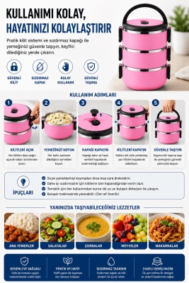 SAS HAUS 3 Katlı Paslanmaz Çelik Yemek Kabı 1800 ML Sızdırmaz Kapaklı Taşınabilir Lunch Box - 23