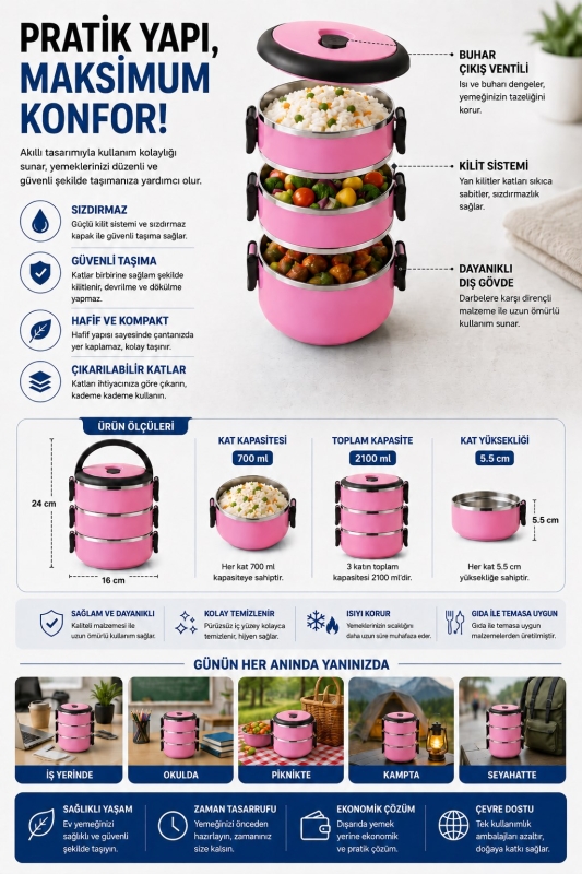 SAS HAUS 3 Katlı Paslanmaz Çelik Yemek Kabı 1800 ML Sızdırmaz Kapaklı Taşınabilir Lunch Box - 24