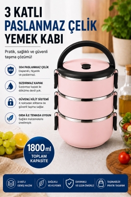 SAS HAUS 3 Katlı Paslanmaz Çelik Yemek Kabı 1800 ML Sızdırmaz Kapaklı Taşınabilir Lunch Box - 25
