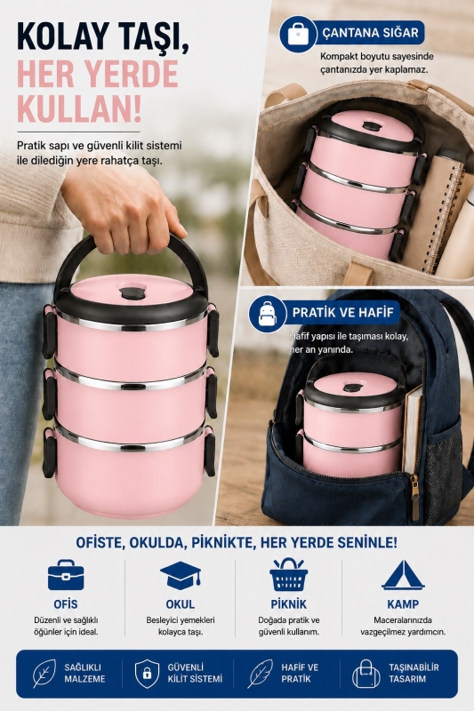 SAS HAUS 3 Katlı Paslanmaz Çelik Yemek Kabı 1800 ML Sızdırmaz Kapaklı Taşınabilir Lunch Box - 26