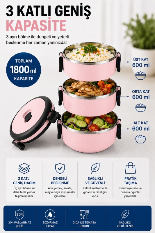 SAS HAUS 3 Katlı Paslanmaz Çelik Yemek Kabı 1800 ML Sızdırmaz Kapaklı Taşınabilir Lunch Box - 27