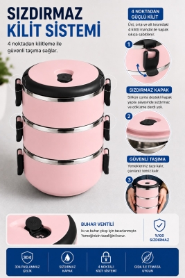 SAS HAUS 3 Katlı Paslanmaz Çelik Yemek Kabı 1800 ML Sızdırmaz Kapaklı Taşınabilir Lunch Box - 28