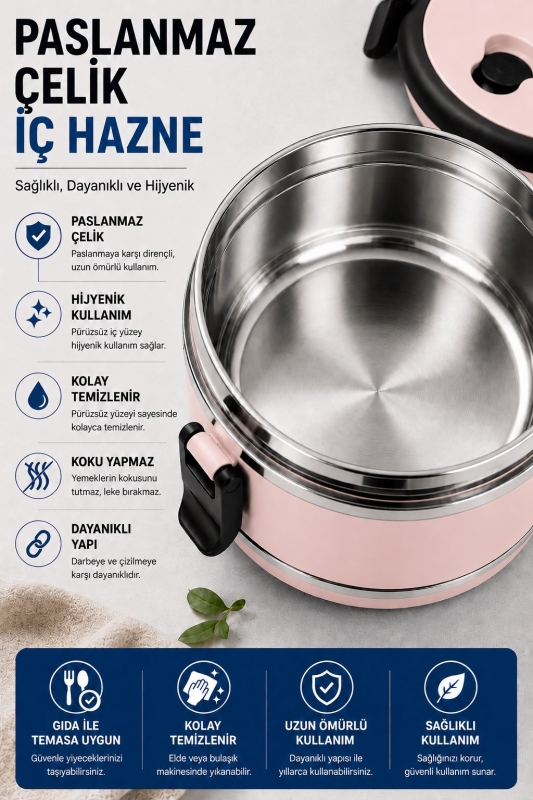 SAS HAUS 3 Katlı Paslanmaz Çelik Yemek Kabı 1800 ML Sızdırmaz Kapaklı Taşınabilir Lunch Box - 29