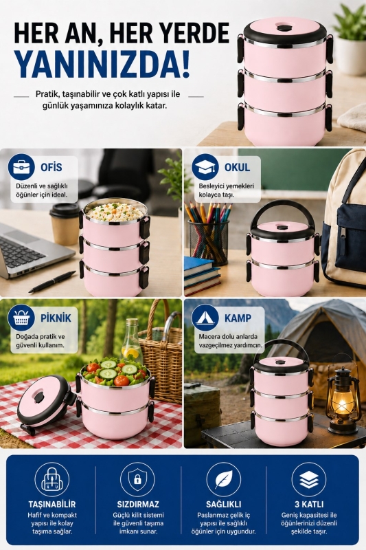 SAS HAUS 3 Katlı Paslanmaz Çelik Yemek Kabı 1800 ML Sızdırmaz Kapaklı Taşınabilir Lunch Box - 30