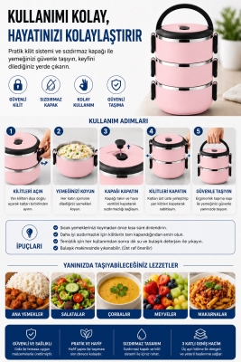 SAS HAUS 3 Katlı Paslanmaz Çelik Yemek Kabı 1800 ML Sızdırmaz Kapaklı Taşınabilir Lunch Box - 31