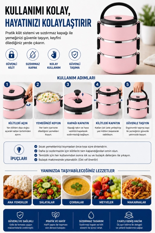SAS HAUS 3 Katlı Paslanmaz Çelik Yemek Kabı 1800 ML Sızdırmaz Kapaklı Taşınabilir Lunch Box - 31