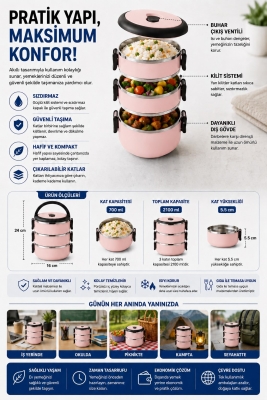 SAS HAUS 3 Katlı Paslanmaz Çelik Yemek Kabı 1800 ML Sızdırmaz Kapaklı Taşınabilir Lunch Box - 32