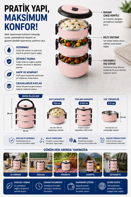 SAS HAUS 3 Katlı Paslanmaz Çelik Yemek Kabı 1800 ML Sızdırmaz Kapaklı Taşınabilir Lunch Box - 32