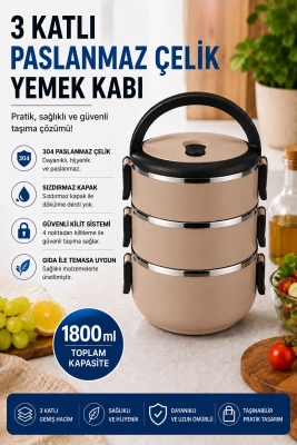 SAS HAUS 3 Katlı Paslanmaz Çelik Yemek Kabı 1800 ML Sızdırmaz Kapaklı Taşınabilir Lunch Box - 33