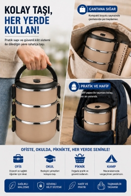 SAS HAUS 3 Katlı Paslanmaz Çelik Yemek Kabı 1800 ML Sızdırmaz Kapaklı Taşınabilir Lunch Box - 34