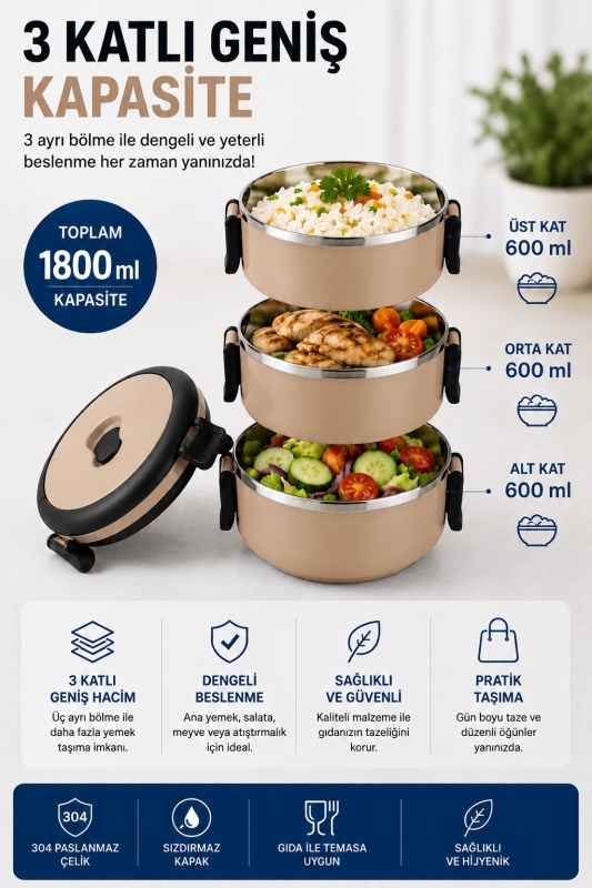 SAS HAUS 3 Katlı Paslanmaz Çelik Yemek Kabı 1800 ML Sızdırmaz Kapaklı Taşınabilir Lunch Box - 35