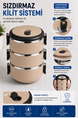 SAS HAUS 3 Katlı Paslanmaz Çelik Yemek Kabı 1800 ML Sızdırmaz Kapaklı Taşınabilir Lunch Box - 36