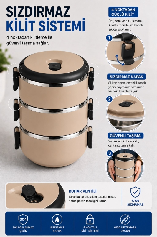 SAS HAUS 3 Katlı Paslanmaz Çelik Yemek Kabı 1800 ML Sızdırmaz Kapaklı Taşınabilir Lunch Box - 36