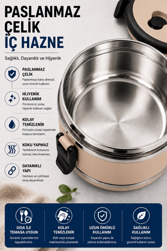 SAS HAUS 3 Katlı Paslanmaz Çelik Yemek Kabı 1800 ML Sızdırmaz Kapaklı Taşınabilir Lunch Box - 37