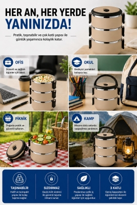 SAS HAUS 3 Katlı Paslanmaz Çelik Yemek Kabı 1800 ML Sızdırmaz Kapaklı Taşınabilir Lunch Box - 38