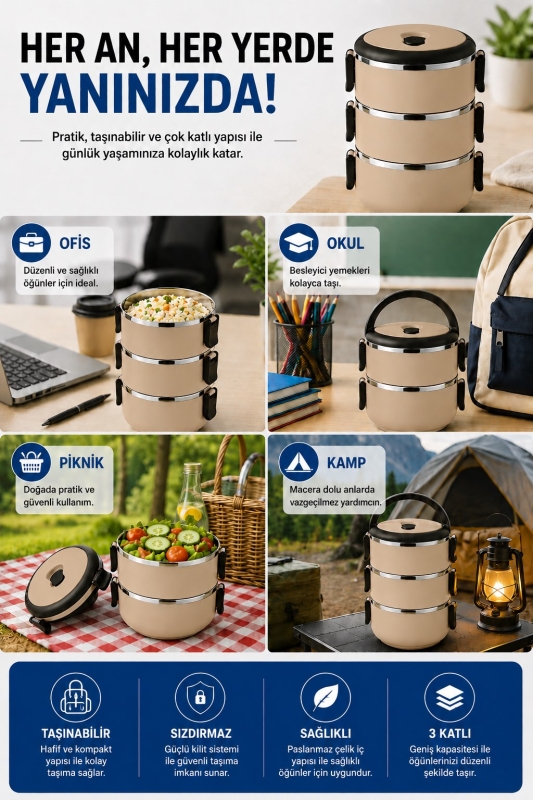 SAS HAUS 3 Katlı Paslanmaz Çelik Yemek Kabı 1800 ML Sızdırmaz Kapaklı Taşınabilir Lunch Box - 38