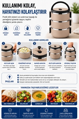 SAS HAUS 3 Katlı Paslanmaz Çelik Yemek Kabı 1800 ML Sızdırmaz Kapaklı Taşınabilir Lunch Box - 39