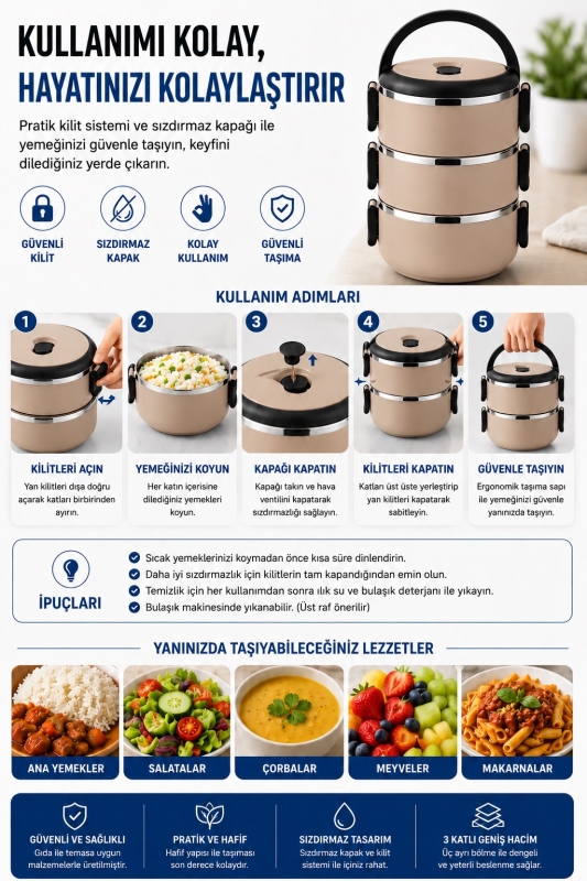 SAS HAUS 3 Katlı Paslanmaz Çelik Yemek Kabı 1800 ML Sızdırmaz Kapaklı Taşınabilir Lunch Box - 39
