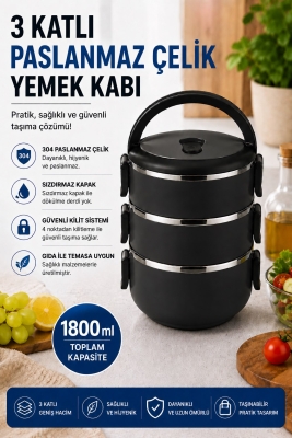 SAS HAUS 3 Katlı Paslanmaz Çelik Yemek Kabı 1800 ML Sızdırmaz Kapaklı Taşınabilir Lunch Box - 41