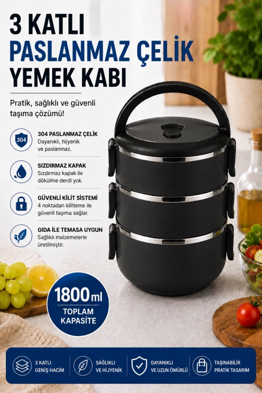 SAS HAUS 3 Katlı Paslanmaz Çelik Yemek Kabı 1800 ML Sızdırmaz Kapaklı Taşınabilir Lunch Box - 41