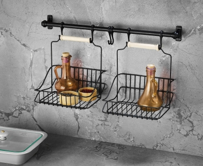 Sas Ferforje Metal Sepet Askı Ve Kanca Set Siyah Retro 2 Sepetli - 1