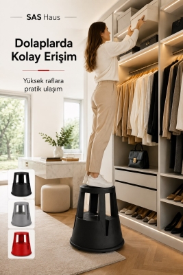 SAS Haus Tekerlekli Kaymaz Basamaklı Tabure – Çift Katlı Devrilmez Güvenli Basamak Taburesi - 4