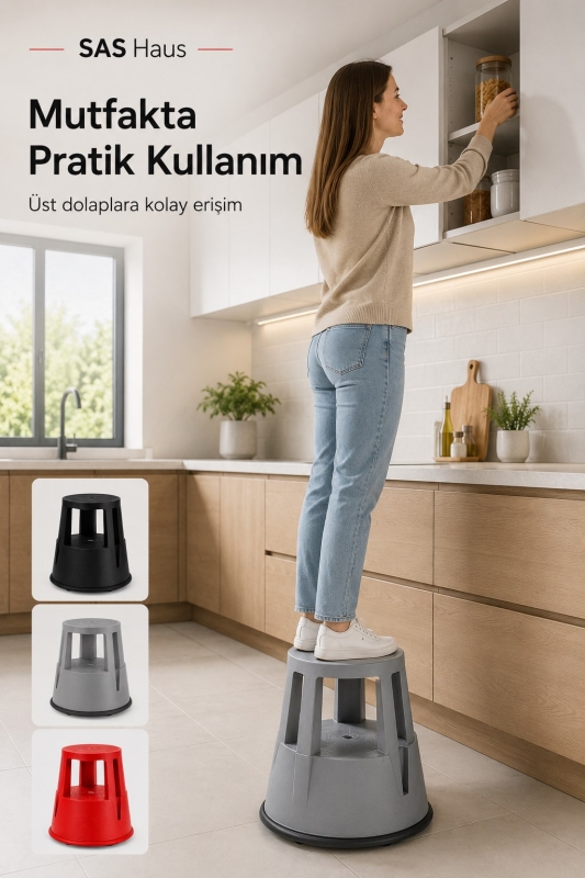 SAS Haus Tekerlekli Kaymaz Basamaklı Tabure – Çift Katlı Devrilmez Güvenli Basamak Taburesi - 5