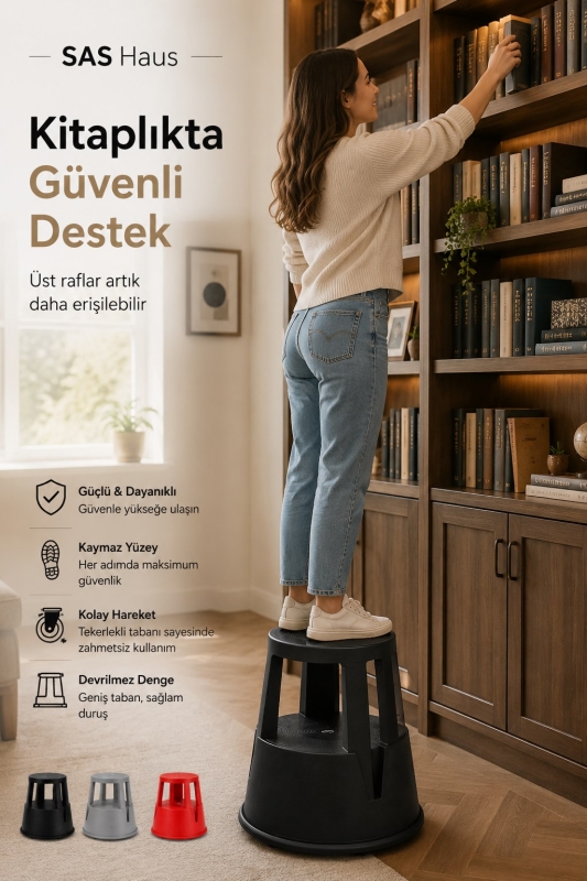 SAS Haus Tekerlekli Kaymaz Basamaklı Tabure – Çift Katlı Devrilmez Güvenli Basamak Taburesi - 6