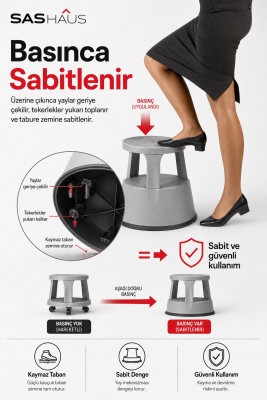 SAS Haus Tekerlekli Kaymaz Basamaklı Tabure – Çift Katlı Devrilmez Güvenli Basamak Taburesi - 8