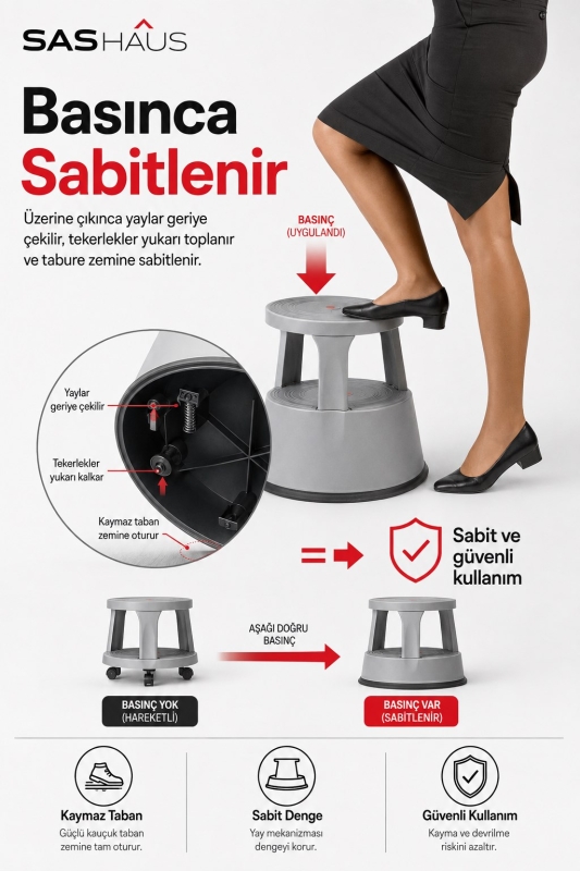 SAS Haus Tekerlekli Kaymaz Basamaklı Tabure – Çift Katlı Devrilmez Güvenli Basamak Taburesi - 8