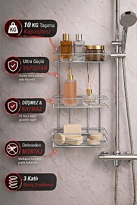 Sas Haus Yapışkanlı Düz Banyo Düzenleyici Şampuanlık Duş Rafı Krom TŞ-03 - Sas Haus