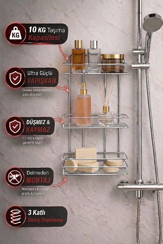 Sas Haus Yapışkanlı Düz Banyo Düzenleyici Şampuanlık Duş Rafı Krom TŞ-03 - 1