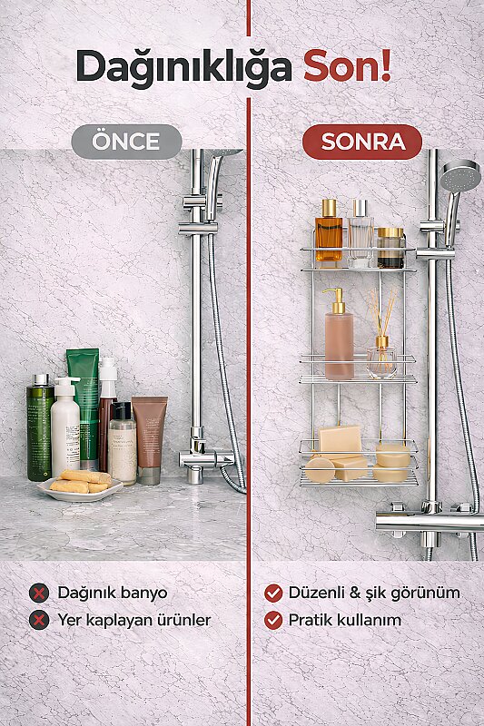 Sas Haus Yapışkanlı Düz Banyo Düzenleyici Şampuanlık Duş Rafı Krom TŞ-03 - 2